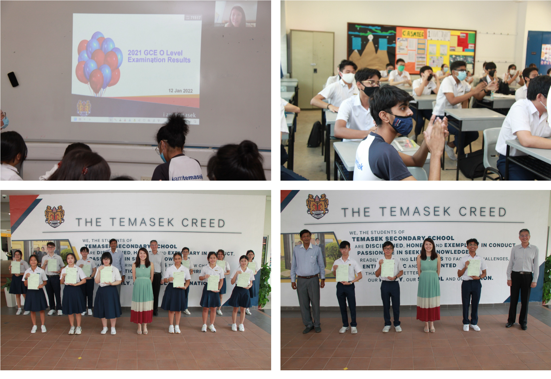 Students at Temasek Secondary School receive certificates and view 2021 GCE O Level Examination Results on a projected screen.